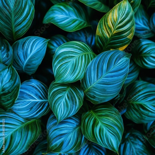 Striking Arrangement of Blue Tinted Leaves with Intricate Patterns for a Calm Nature Aesthetic