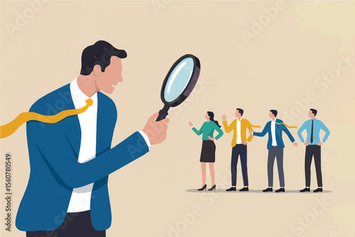 Man with magnifying glass examining a line of people isolated on transparent background
