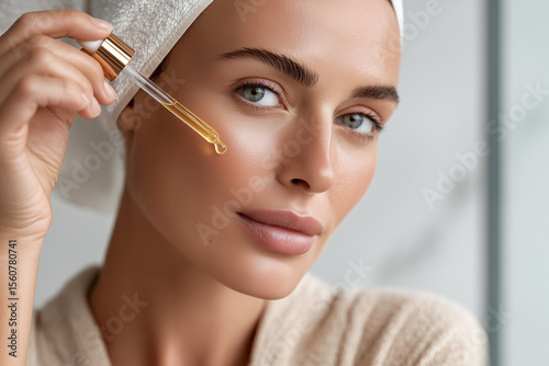 A beautiful woman with a towel on her head and a robe applies a rich, golden serum to her cheek with a dropper, focusing on a healthy skincare routine.

