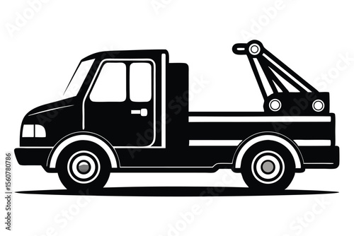 Black and White Illustration of a Tow Truck with a Boom Lift on the Back