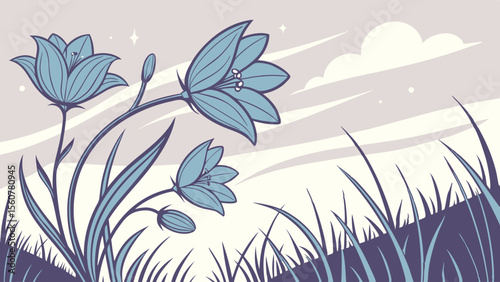 Bluebell flower vector illustration in a meadow landscape nature scene for graphic design and decoration use