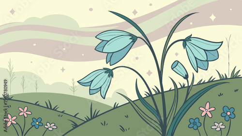 Beautiful bluebell flower cartoon illustration in a dreamy landscape vector art for spring season design