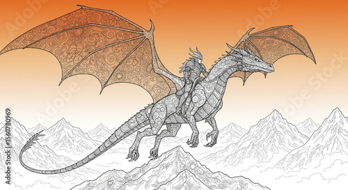 Knight and Dragon Soaring Above Majestic Mountains Fantasy Illustration