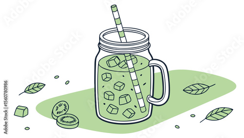 Kiwi smoothie recipe illustration with ice cubes and straw for healthy summer drink concept design art