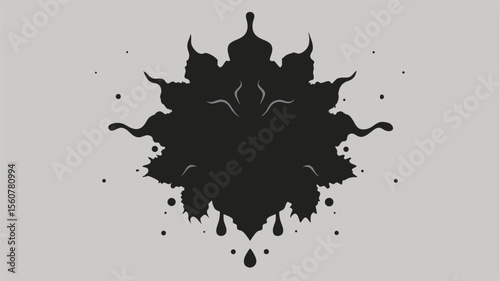 Abstract black ink blot design with horned shapes spreading outwards on grayish background