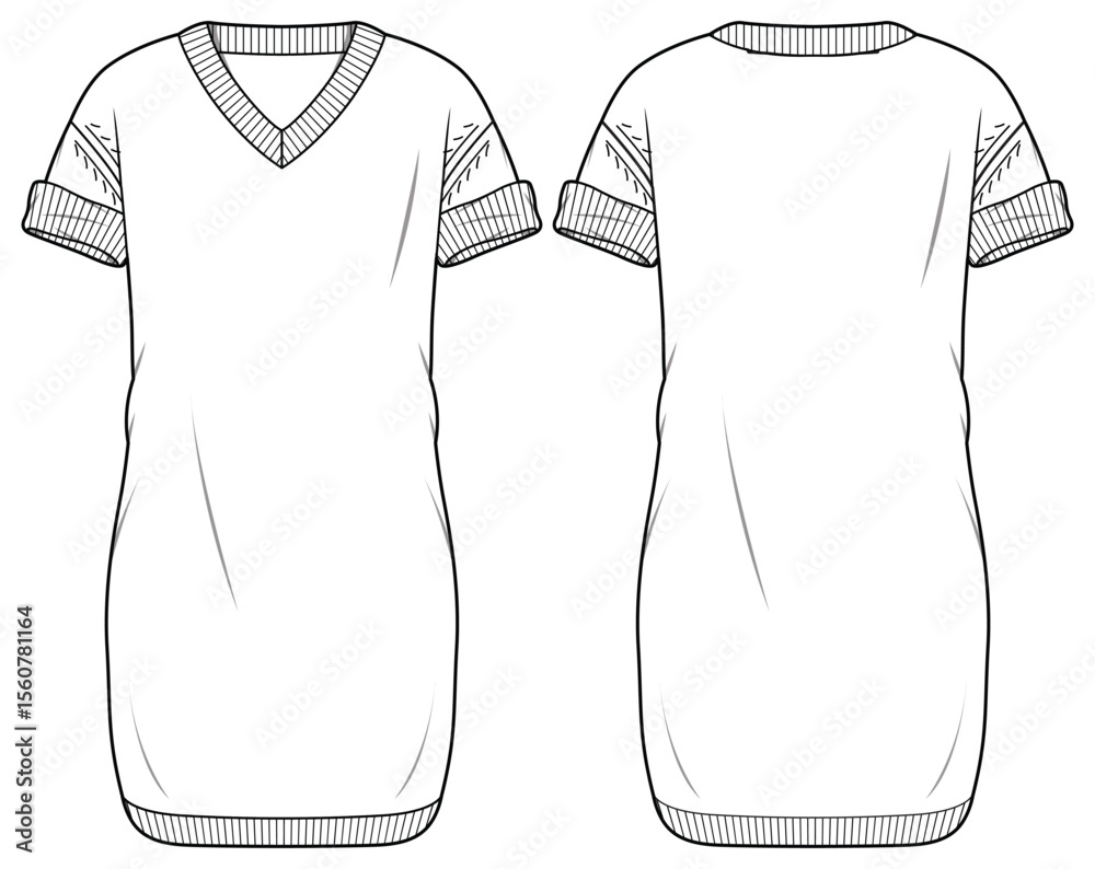 Women Knitted rib sheath dress design flat sketch fashion illustration with front and back view, V Neck Rib cuff hem short sleeve t-shirt dress cad drawing vector template