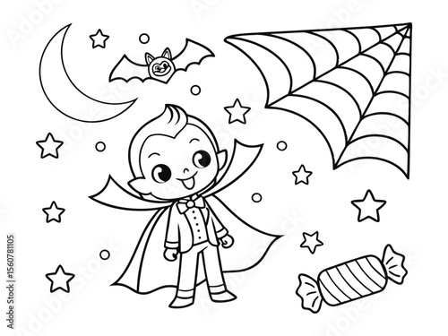 Halloween coloring page for kids, cute, easy to color, design