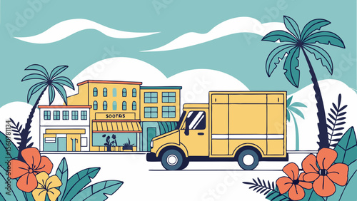 Delivery truck service in tropical city with palm trees and flowers vector illustration design