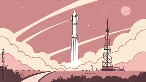 Rocket launch illustration vector design for space exploration and technology themed graphics and design projects