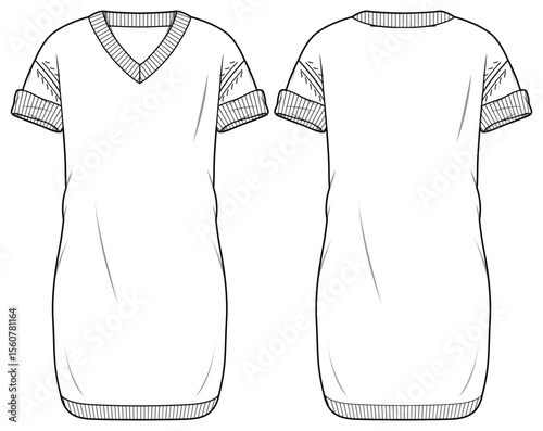 Women Knitted rib sheath dress design flat sketch fashion illustration with front and back view, V Neck Rib cuff hem short sleeve t-shirt dress cad drawing vector template