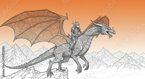 Knight Riding a Two-Headed Dragon Over Majestic Mountains