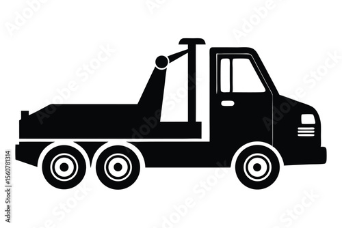 Tow Truck Silhouette Black and White Illustration of a Wrecker Vehicle with Boom and Three Axles
