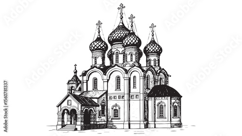 Engraved Orthodox church with multiple onion domes arched doorways and vertical tower elements