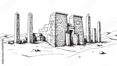 Engraved sun shrine in desert with mystical symbols ancient carvings and dry sacred landscape