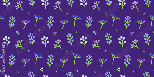 Cute seamless pattern with petite meadow flowers in soft colors on dark background. Scandinavian floral summer background.
