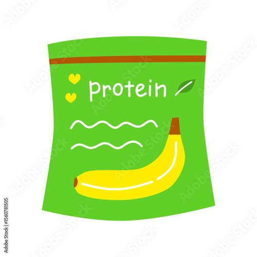 Flat whey protein supplement with banana flavor in packet isolated on white background. Healthy product for sportsman. Drinking protein powder icon.