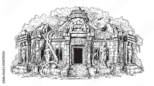 Vintage engraving of ancient forest temple covered in vines with sacred aura and wild overgrowth
