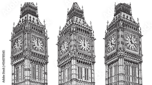 Vintage engraving of Big Ben with tall structure and gothic architectural detailing in London