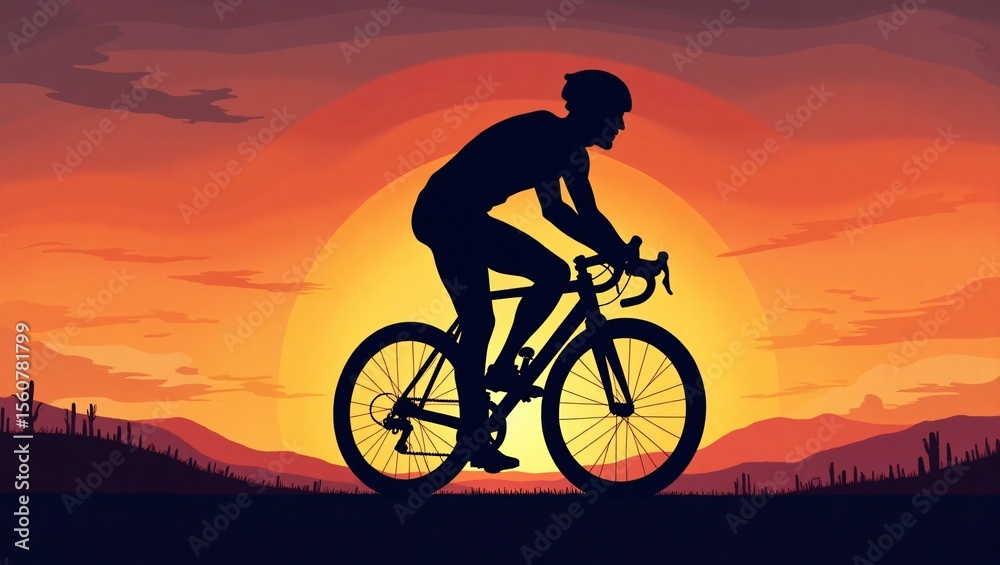 Obraz premium Silhouette of a cyclist riding a road bike against a vibrant desert sunset with cacti and mountains