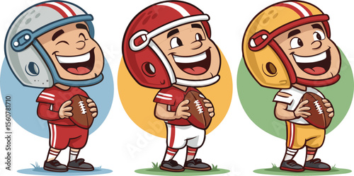 Set of happy cartoon players wearing football uniforms and holding balls, ideal for sports-themed design.