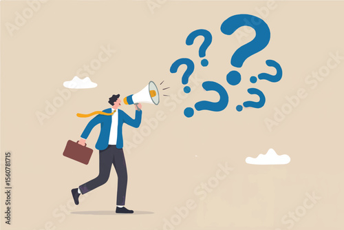 Man with megaphone and question marks isolated on transparent background