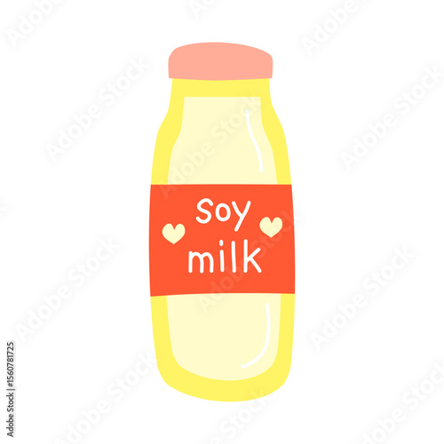 Cute hand drawn flat soy milk in bottle isolated on white background. Hand written text. Plant based lactose free drink.