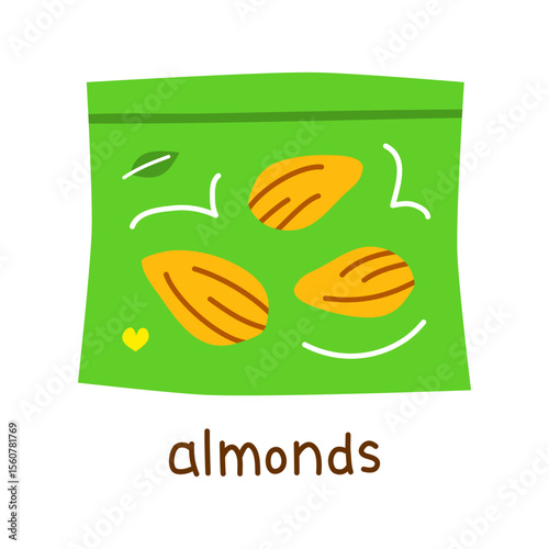 Hand drawn flat almond nuts in packet isolated on white background. Vegan high protein.
