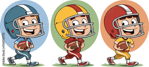 Cute and funny American football players in cartoon uniform designs.