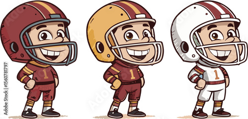 American football cartoon players in different helmets colors and poses.