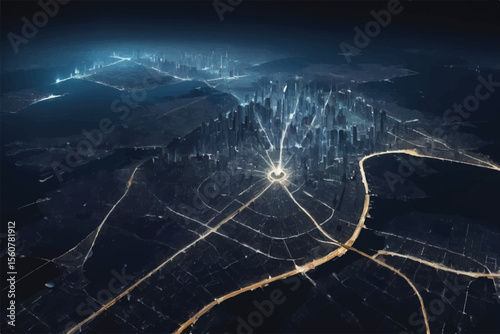 Satellite View of Illuminated City at Night