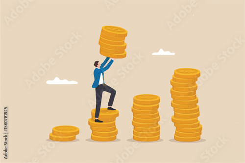 Flat cartoon vector illustration of a man stacking coins isolated on transparent background
