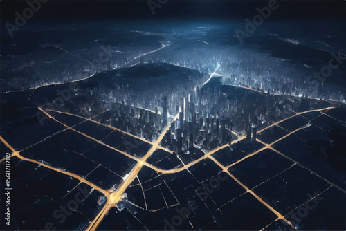 Satellite View of Illuminated City at Night