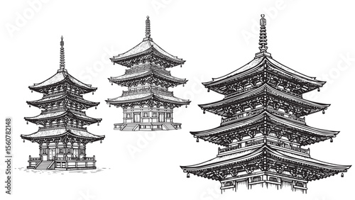 Engraved Japanese pagoda with curved eaves and multi-story wood architecture in bold line style