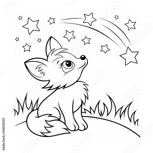 Handdrawn fox cub looking up at stars in the night sky with grass shooting stars