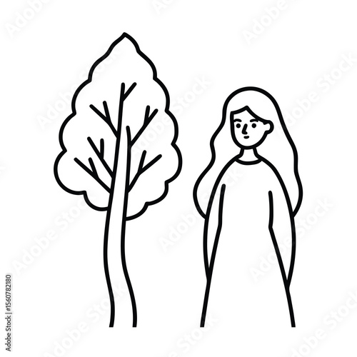 alone girl with tree outline line art illustration