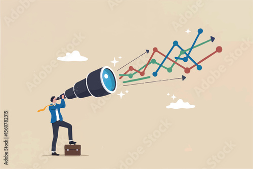 Businessman looking through a telescope at rising graphs isolated on transparent background