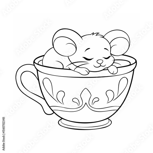 Handdrawn a sleeping mouse in a teacup with decorative floral patterns a handle animal