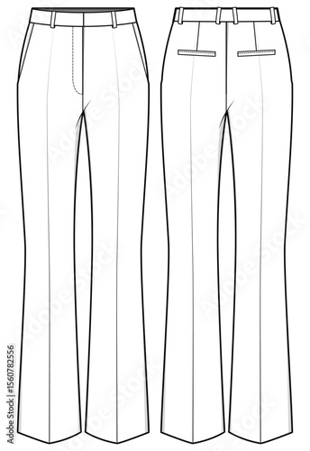 Women's Boot cut flare pants  trouser flat sketch fashion illustration front and  back view, Slim fit Wide leg bootcut sartorial pants design vector template mockup