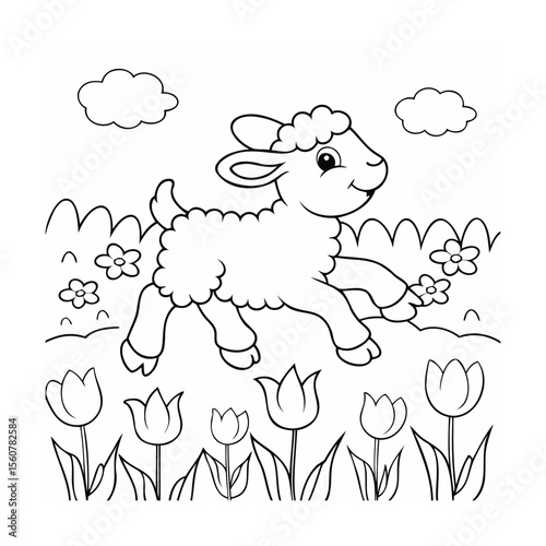 Handdrawn a leaping lamb with flowers tulips under fluffy clouds in a field sheep