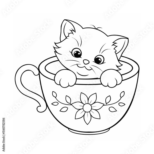 Handdrawn a kitten peeking over the rim a teacup with floral decoration vector