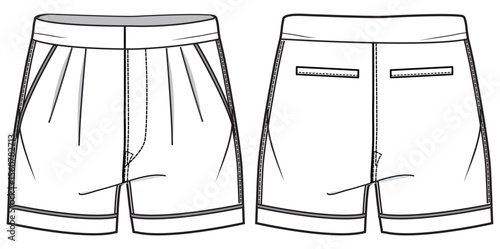 Women's casual shorts design front and back view flat sketch fashion illustration. folded hem shorts cad drawing vector template