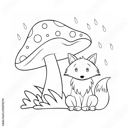 Handdrawn a fox sitting under a mushroom with raindrops falling from above nature