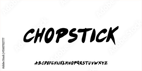 Brushed Handcrafted Font. East-Asian Inspired Typeface. Bold Rough Brush Lettering in Uppercase. Street Style Meets Bento Box Aesthetic. Creative Display for Logos, Apparel, and Packaging.