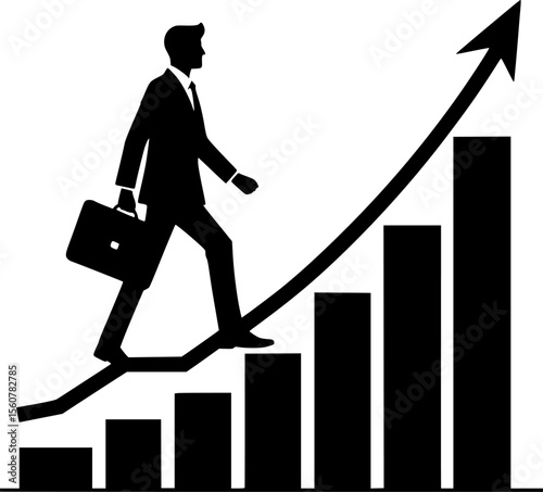 Silhouette of a businessperson walking upward on graph, career growth symbol.