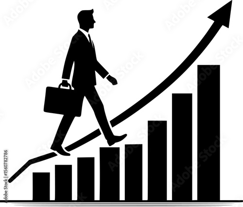 Silhouette of a businessperson walking upward on graph, career growth symbol.