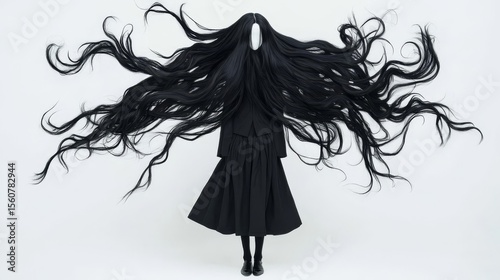 A mysterious figure with long flowing hair stands in a serene pose, evoking a sense of mystique and intrigue.