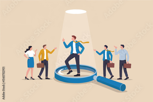 Flat cartoon vector illustration of a business team with one person highlighted under a spotlight and magnified by a large magnifying glass isolated on transparent background