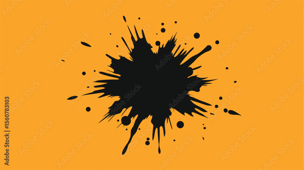 Abstract black ink splatter on orange background creative graphic design element
