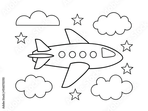 Easy coloring page for kids. An airplane flying in the sky among clouds and stars