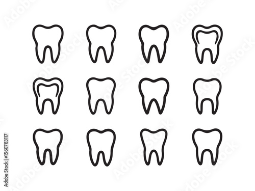 Collection of silhouette stylized dental tooth icons isolated on white background